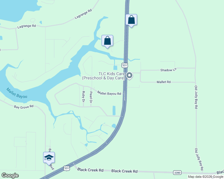 map of restaurants, bars, coffee shops, grocery stores, and more near 124 Mallet Bayou Road in Freeport