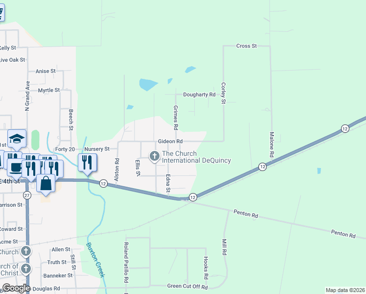 map of restaurants, bars, coffee shops, grocery stores, and more near 1180 Evangeline Rd in DeQuincy