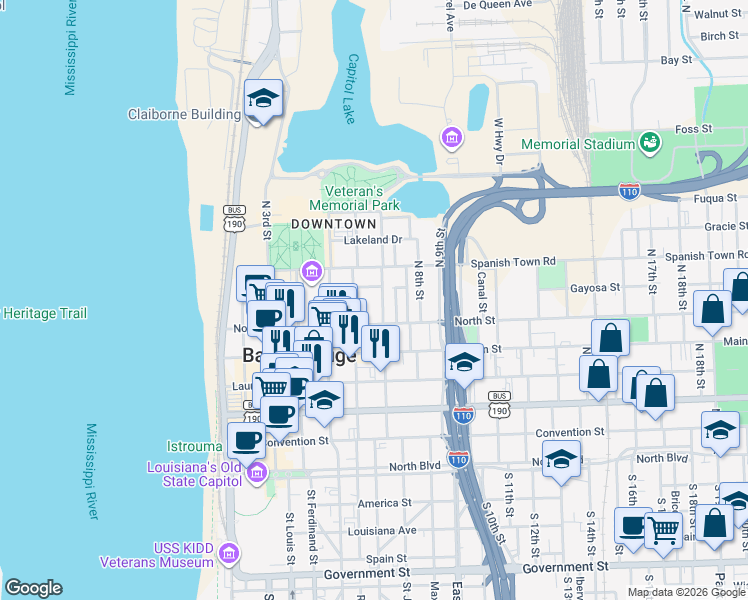 map of restaurants, bars, coffee shops, grocery stores, and more near 701 North Street in Baton Rouge