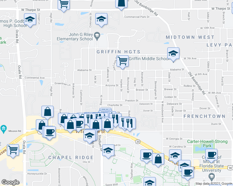 map of restaurants, bars, coffee shops, grocery stores, and more near 1015 Joe Louis Street in Tallahassee