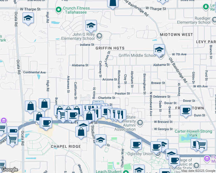 map of restaurants, bars, coffee shops, grocery stores, and more near 1005 Joe Louis Street in Tallahassee