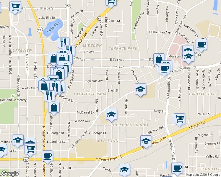 map of restaurants, bars, coffee shops, grocery stores, and more near 1009 Pine Street in Tallahassee