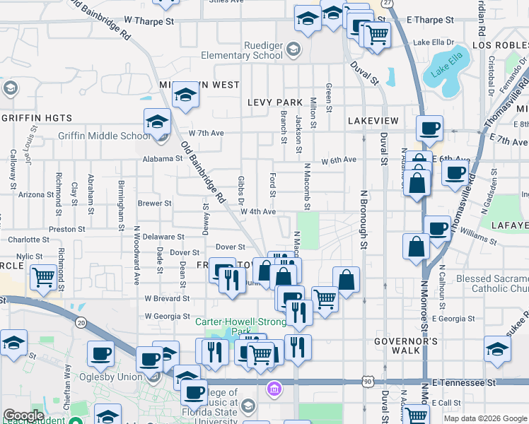 map of restaurants, bars, coffee shops, grocery stores, and more near in Tallahassee