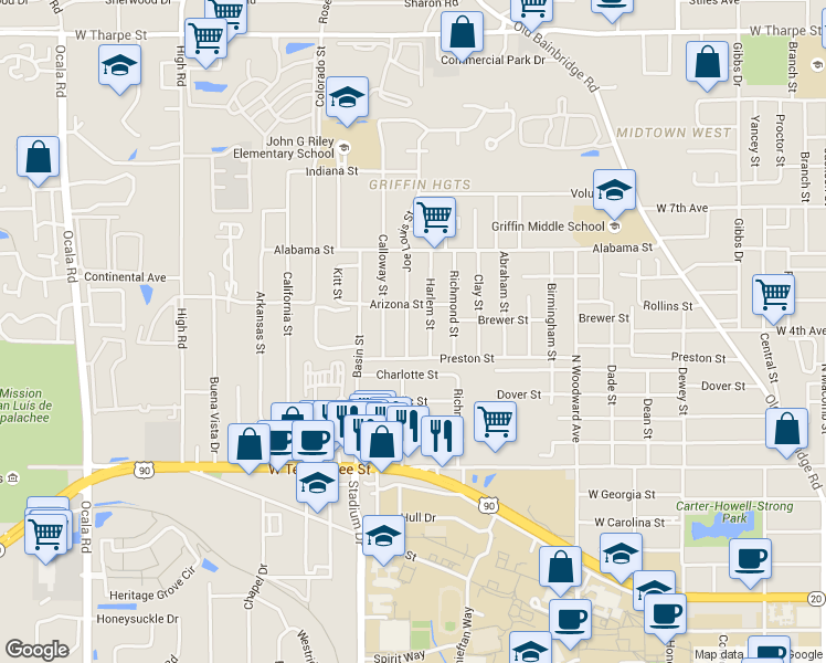 map of restaurants, bars, coffee shops, grocery stores, and more near 1005 Joe Louis Street in Tallahassee