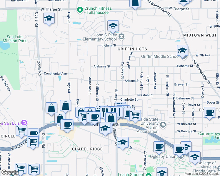 map of restaurants, bars, coffee shops, grocery stores, and more near 1010 Basin Street in Tallahassee