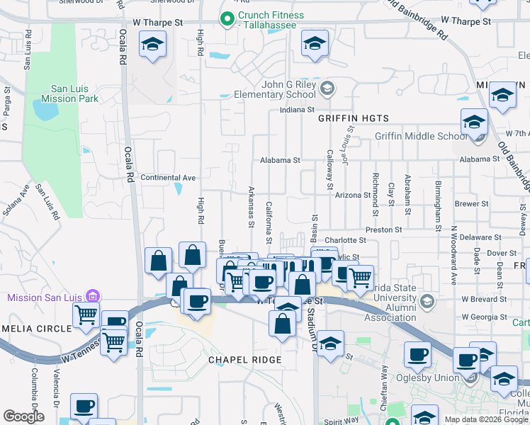 map of restaurants, bars, coffee shops, grocery stores, and more near 809 California Street in Tallahassee