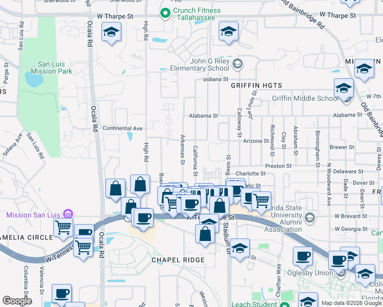 map of restaurants, bars, coffee shops, grocery stores, and more near 809 California Street in Tallahassee