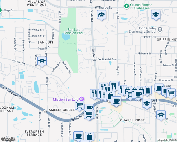 map of restaurants, bars, coffee shops, grocery stores, and more near 1128 Ocala Road in Tallahassee