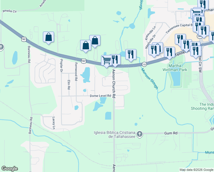 map of restaurants, bars, coffee shops, grocery stores, and more near 6010 Dome Level Road in Tallahassee