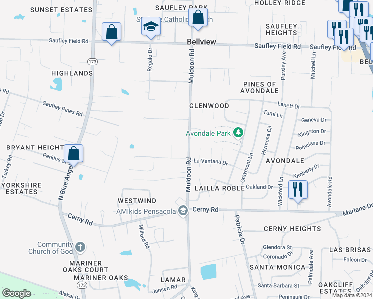map of restaurants, bars, coffee shops, grocery stores, and more near in Bellview