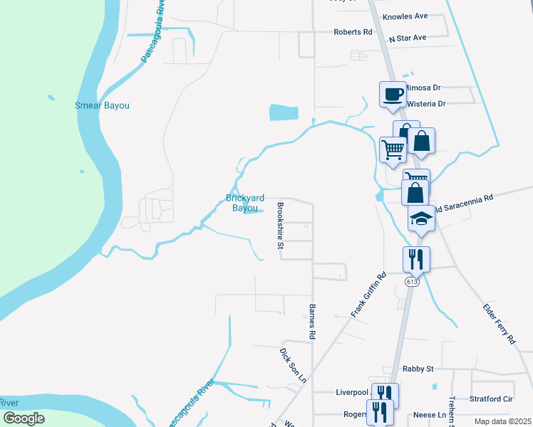 map of restaurants, bars, coffee shops, grocery stores, and more near 3520 Coldsprings Road in Moss Point