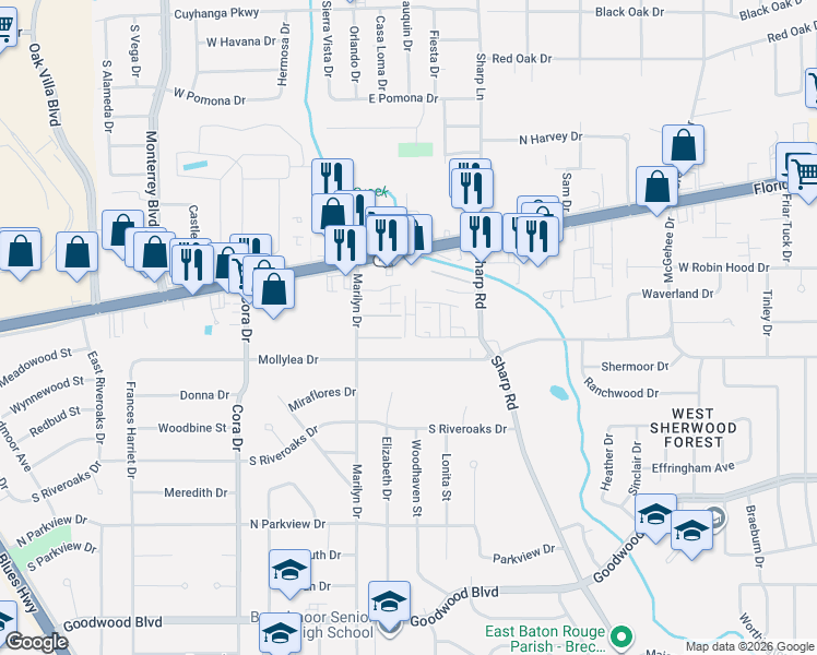 map of restaurants, bars, coffee shops, grocery stores, and more near 10035 Mollylea Drive in Baton Rouge