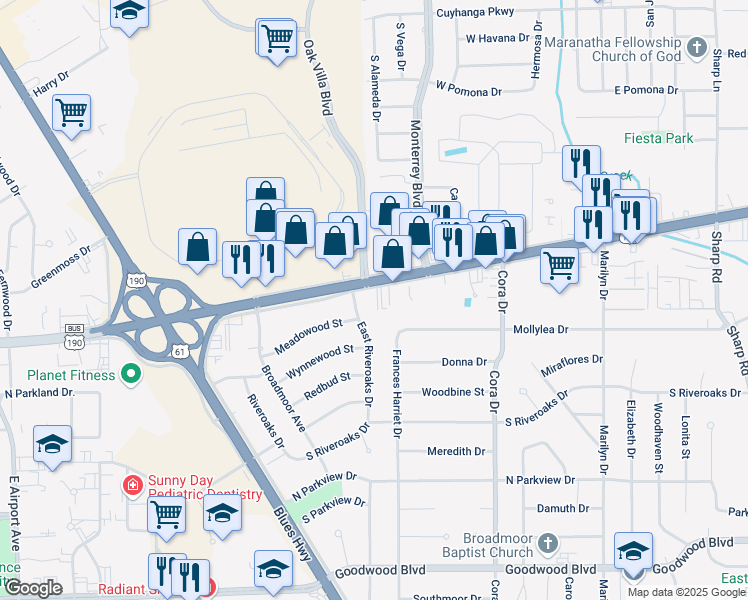 map of restaurants, bars, coffee shops, grocery stores, and more near 155 East Riveroaks Drive in Baton Rouge