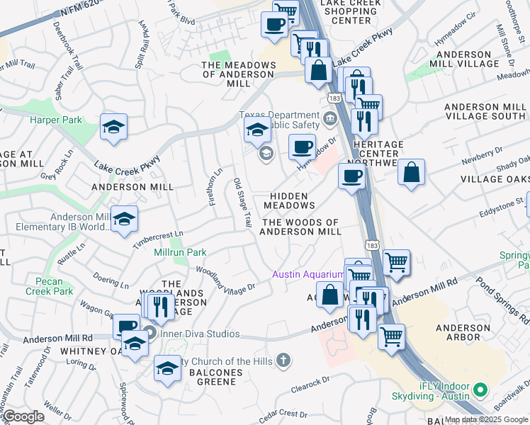 map of restaurants, bars, coffee shops, grocery stores, and more near 12211 Old Stage Trail in Austin