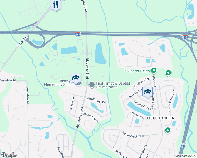 map of restaurants, bars, coffee shops, grocery stores, and more near 1322 Biscayne Grove Lane in Jacksonville