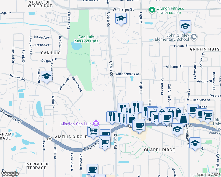 map of restaurants, bars, coffee shops, grocery stores, and more near 1128 Ocala Road in Tallahassee