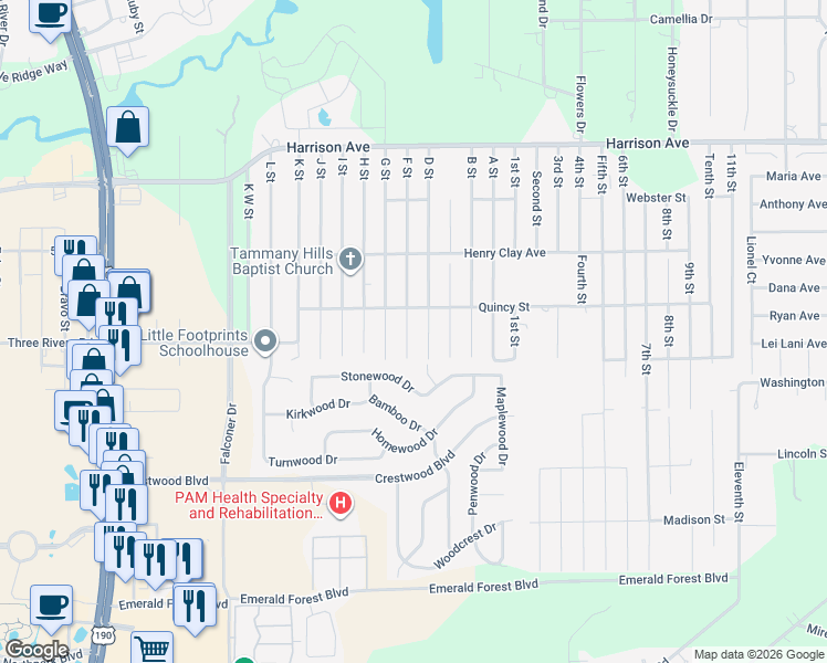 map of restaurants, bars, coffee shops, grocery stores, and more near 70277 F Street in Covington