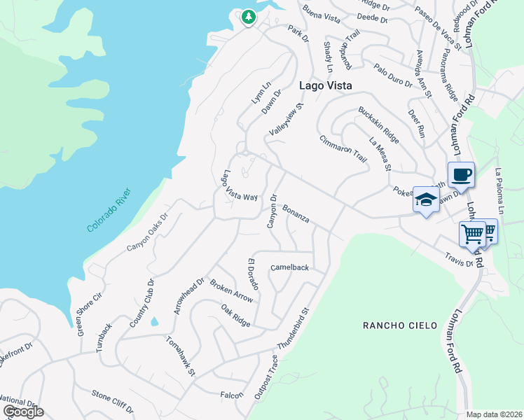 map of restaurants, bars, coffee shops, grocery stores, and more near 5710 Clubhouse Drive in Lago Vista