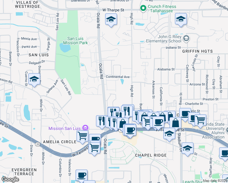 map of restaurants, bars, coffee shops, grocery stores, and more near 1079 Ocala Road in Tallahassee