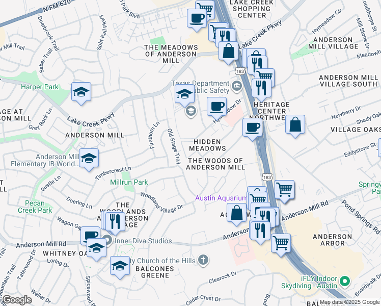 map of restaurants, bars, coffee shops, grocery stores, and more near 12211 Old Stage Trail in Austin
