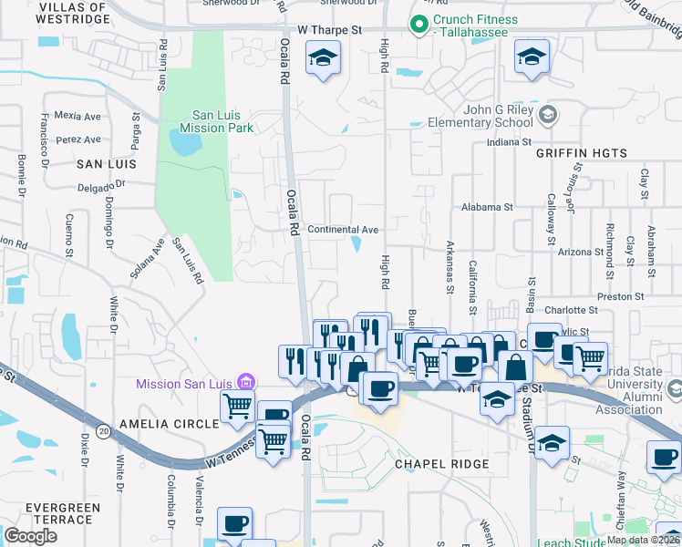 map of restaurants, bars, coffee shops, grocery stores, and more near 1051 Ocala Road in Tallahassee