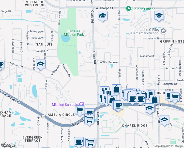 map of restaurants, bars, coffee shops, grocery stores, and more near 106 Ocala Road in Tallahassee