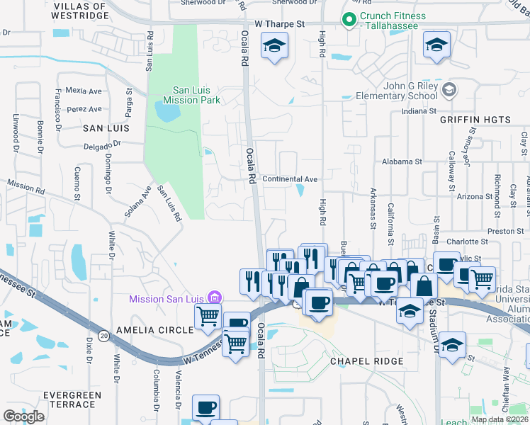 map of restaurants, bars, coffee shops, grocery stores, and more near 1079 Ocala Road in Tallahassee