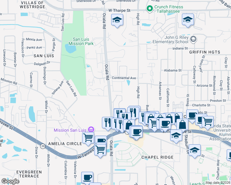 map of restaurants, bars, coffee shops, grocery stores, and more near 1079 Ocala Road in Tallahassee