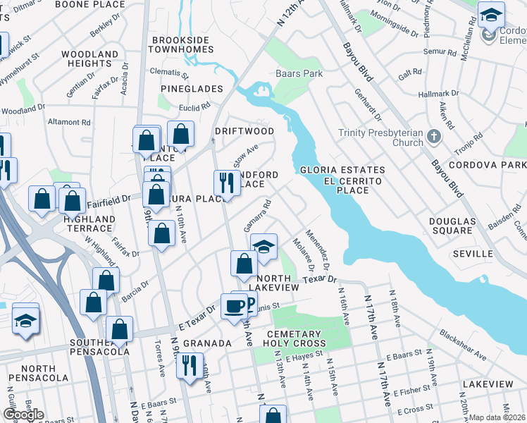 map of restaurants, bars, coffee shops, grocery stores, and more near Gamarra Road in Pensacola