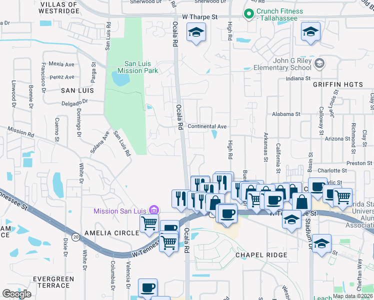 map of restaurants, bars, coffee shops, grocery stores, and more near 1079 Ocala Road in Tallahassee