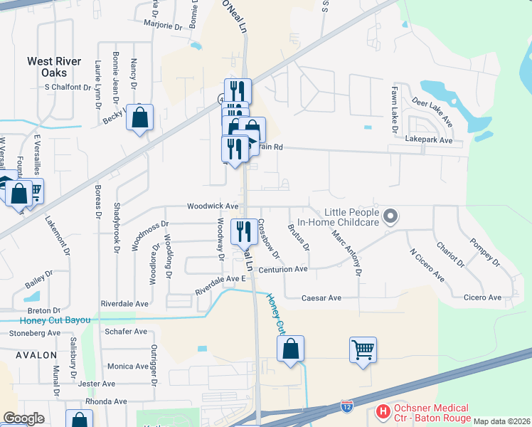 map of restaurants, bars, coffee shops, grocery stores, and more near 1115 Crossbow Drive in Baton Rouge