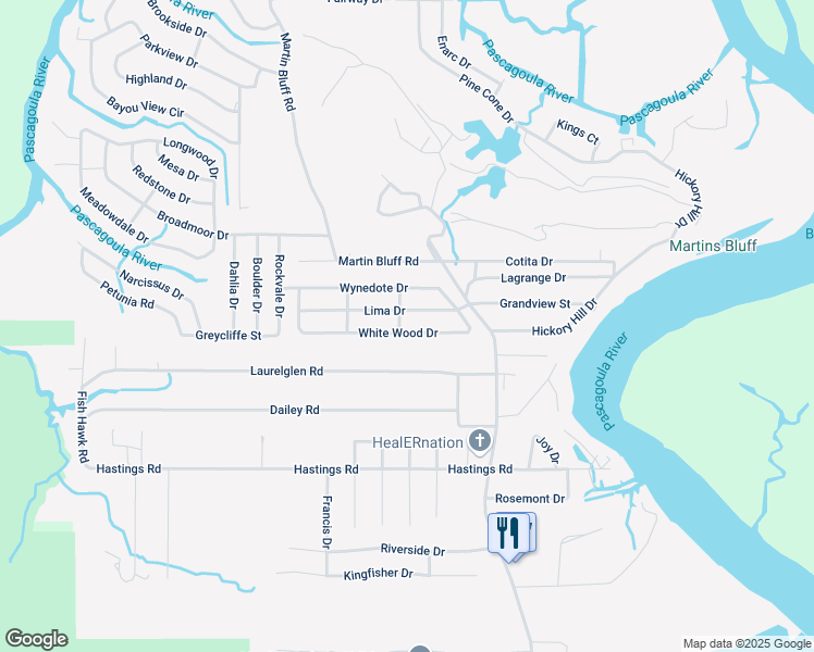 map of restaurants, bars, coffee shops, grocery stores, and more near 1530 Whitewood Drive in Gautier