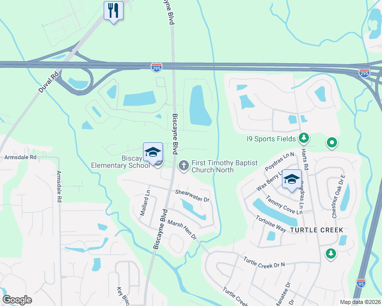 map of restaurants, bars, coffee shops, grocery stores, and more near 1322 Biscayne Grove Lane in Jacksonville