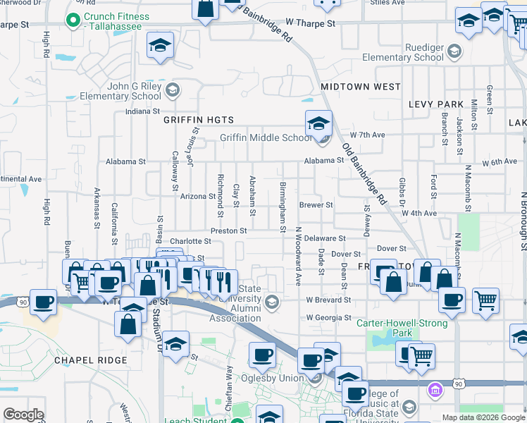 map of restaurants, bars, coffee shops, grocery stores, and more near 1008 Ellington Court in Tallahassee
