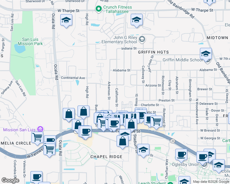 map of restaurants, bars, coffee shops, grocery stores, and more near 809 California Street in Tallahassee