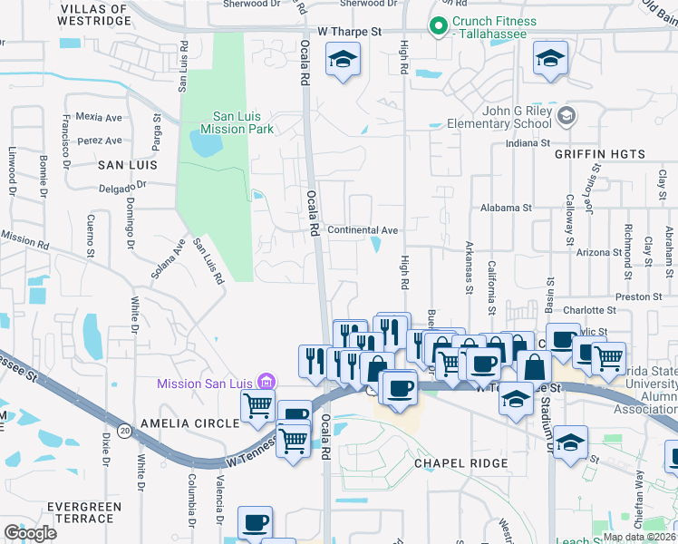map of restaurants, bars, coffee shops, grocery stores, and more near 1079 Ocala Road in Tallahassee