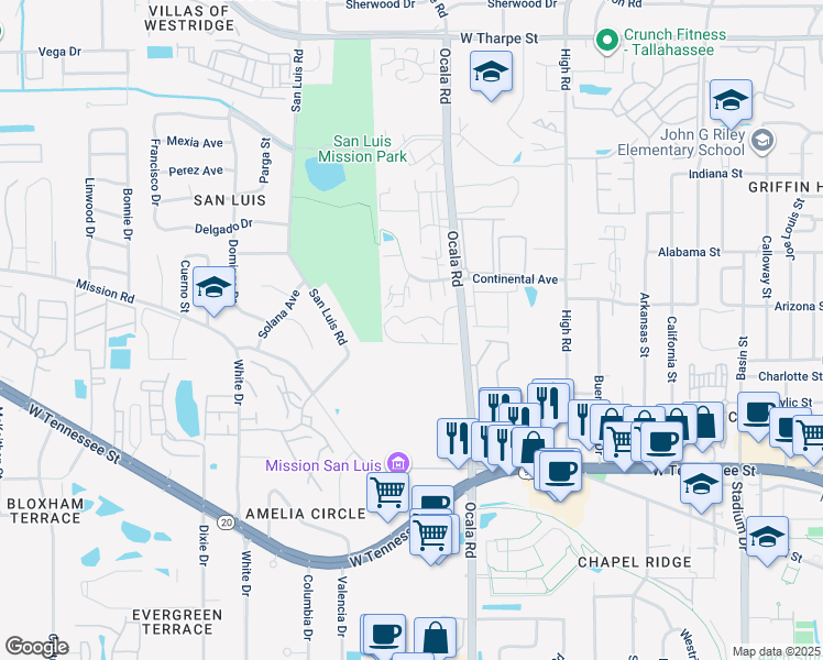 map of restaurants, bars, coffee shops, grocery stores, and more near 1128 Ocala Road in Tallahassee