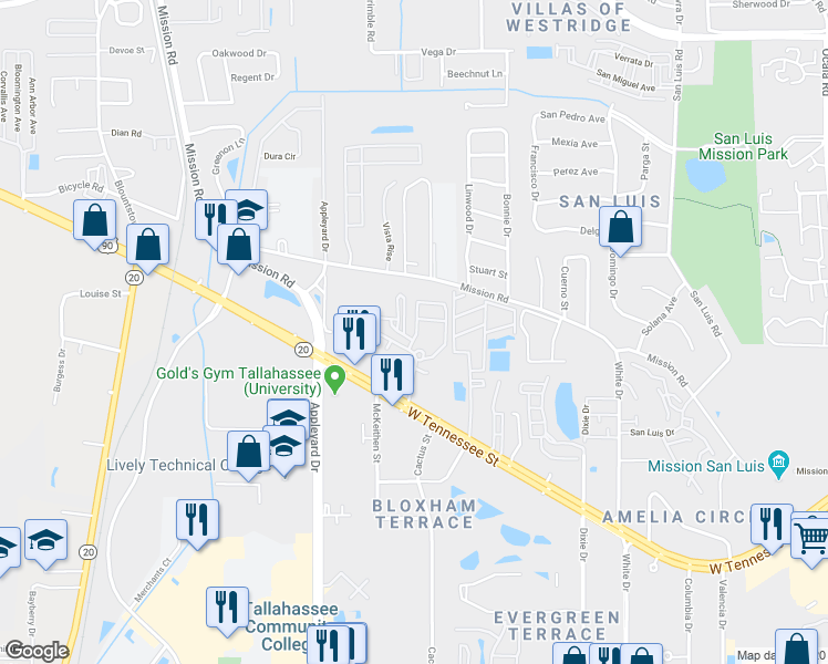 map of restaurants, bars, coffee shops, grocery stores, and more near Godlenrod Lane in Tallahassee