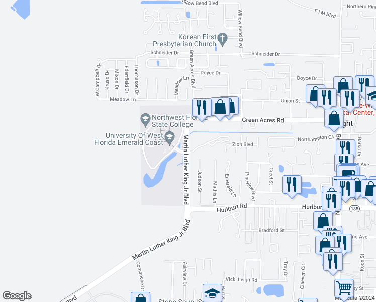 map of restaurants, bars, coffee shops, grocery stores, and more near 1160 Martin Luther King Junior Boulevard in Fort Walton Beach