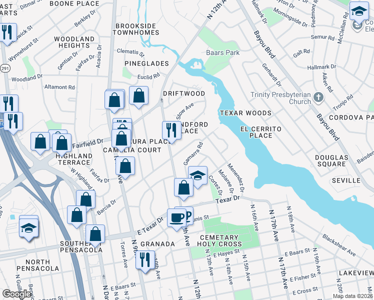 map of restaurants, bars, coffee shops, grocery stores, and more near 1213 Barcia Drive in Pensacola