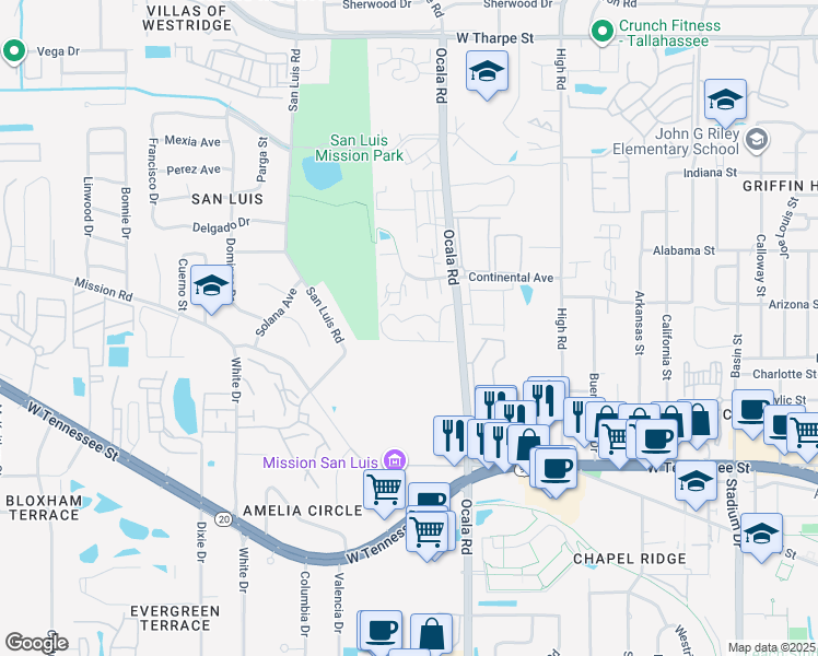 map of restaurants, bars, coffee shops, grocery stores, and more near 1128 Ocala Road in Tallahassee