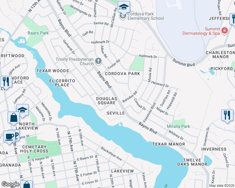 map of restaurants, bars, coffee shops, grocery stores, and more near 3210 Bayou Boulevard in Pensacola