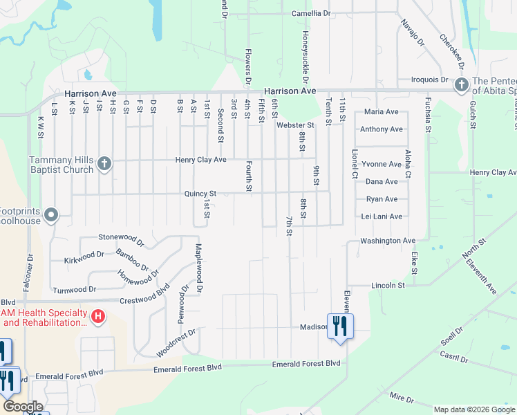 map of restaurants, bars, coffee shops, grocery stores, and more near 70272 Fifth Street in Covington