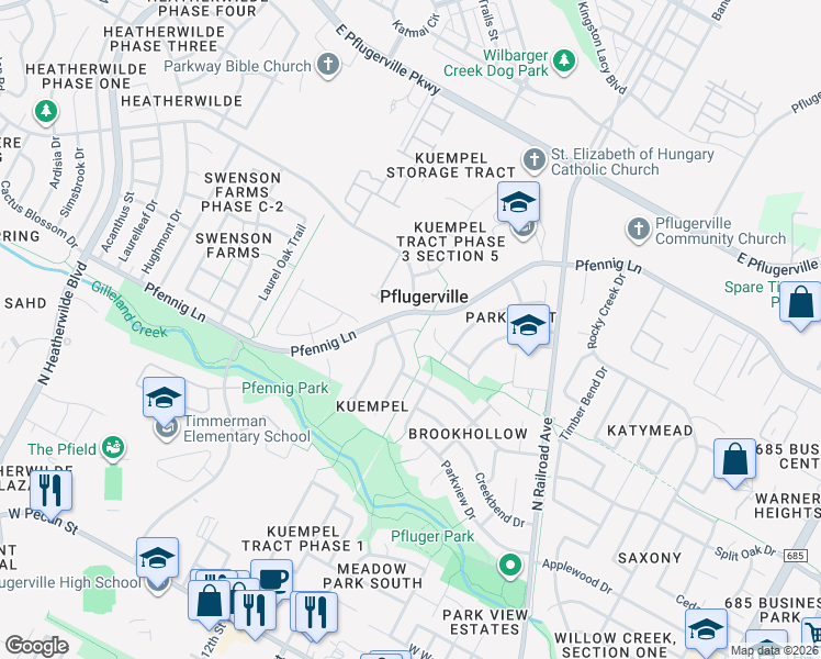 map of restaurants, bars, coffee shops, grocery stores, and more near 17007 Brewer Blackbird Drive in Pflugerville