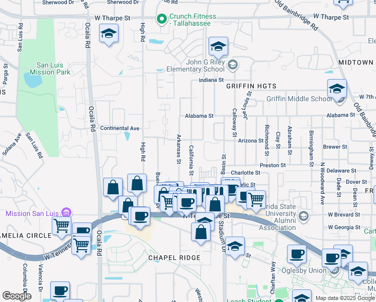 map of restaurants, bars, coffee shops, grocery stores, and more near 809 California Street in Tallahassee