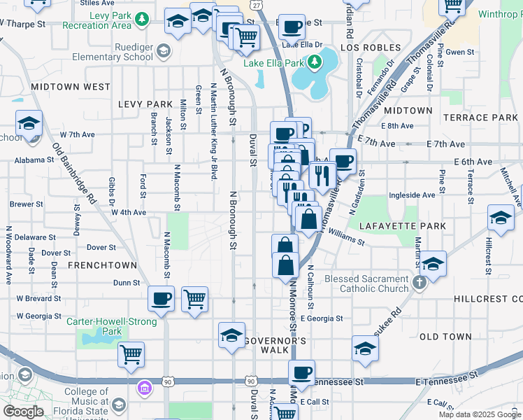 map of restaurants, bars, coffee shops, grocery stores, and more near 118 West 4th Avenue in Tallahassee