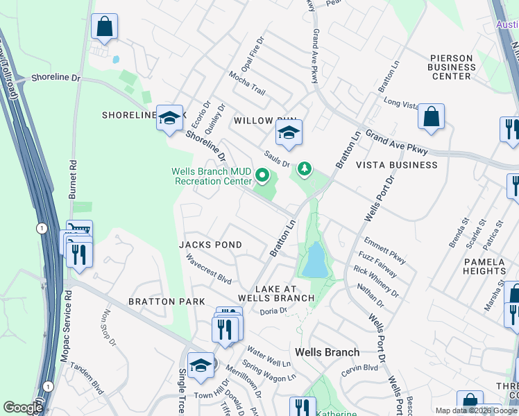 map of restaurants, bars, coffee shops, grocery stores, and more near 3101 Shoreline Drive in Austin