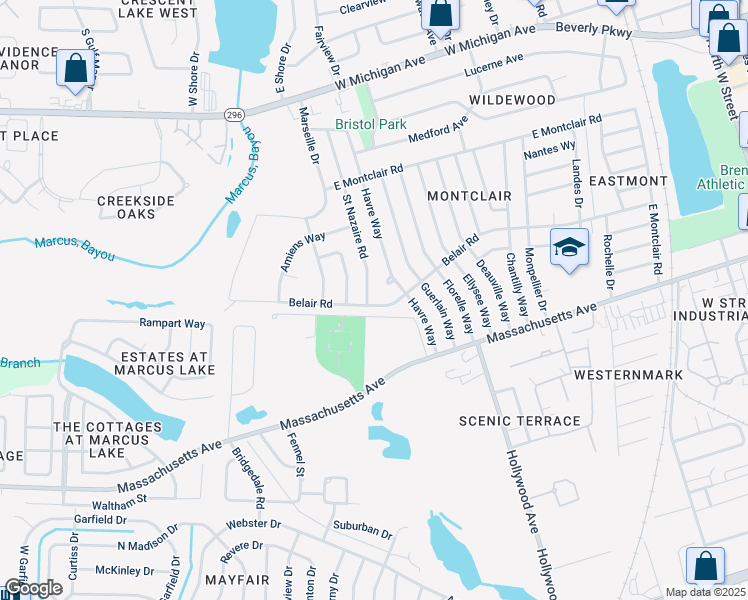 map of restaurants, bars, coffee shops, grocery stores, and more near 1011 Belair Road in Pensacola