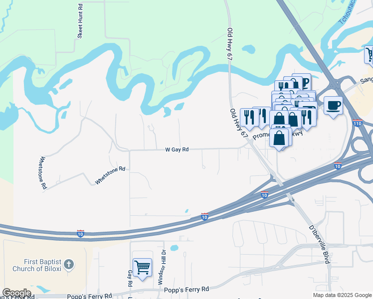 map of restaurants, bars, coffee shops, grocery stores, and more near 4371 West Gay Road in D'Iberville