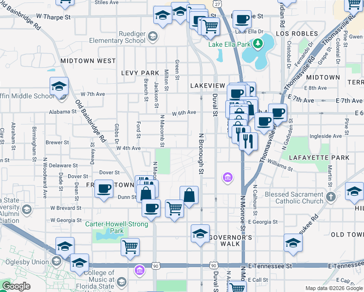 map of restaurants, bars, coffee shops, grocery stores, and more near 411c West 5th Avenue in Tallahassee
